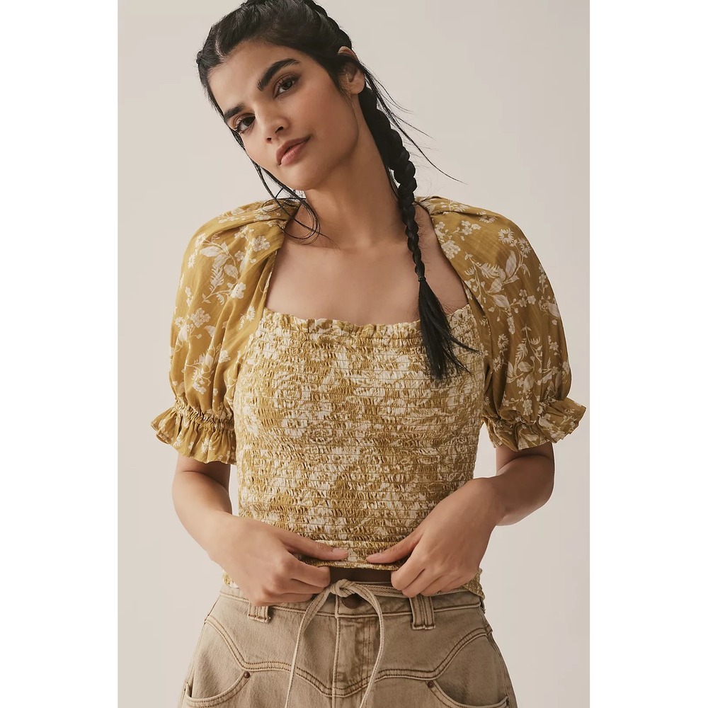 Anthropologie Seersucker Smocked Puff Sleeve Crop‎ Top Yellow Green Floral Large